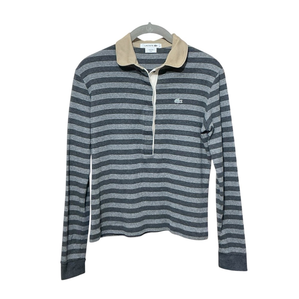 LACOSTE Stripe Rugby Polo Shirt XS FR 32 18” p2p Gray/Tan EUC - Picture 2 of 13